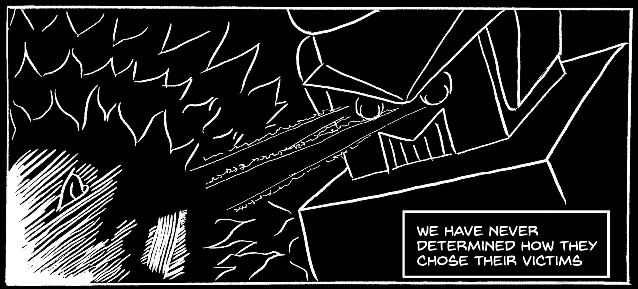 Cartoon robot disintegrating a person with eye lasers with the caption "We have never determined how they chose their victims"