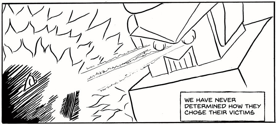 Cartoon robot disintegrating a person with eye lasers with the caption "We have never determined how they chose their victims"
